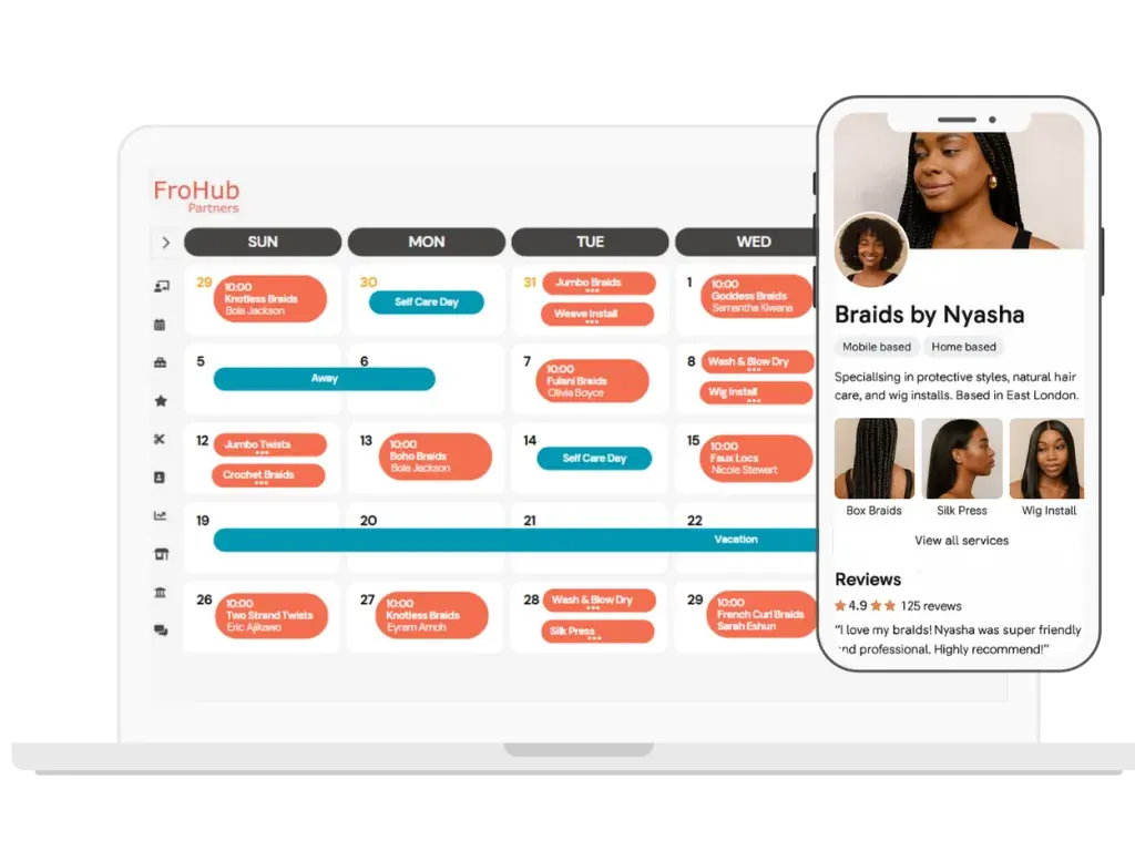FroHub partner booking calendar and service profile shown on a laptop and phone