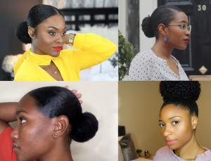 Sleek Afro Hair Bun Hairstyles Low bun High bun Mid bun Bun with slicked-down baby hairs