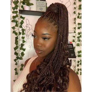 chocolate brown curly end braids ponytail for autumn